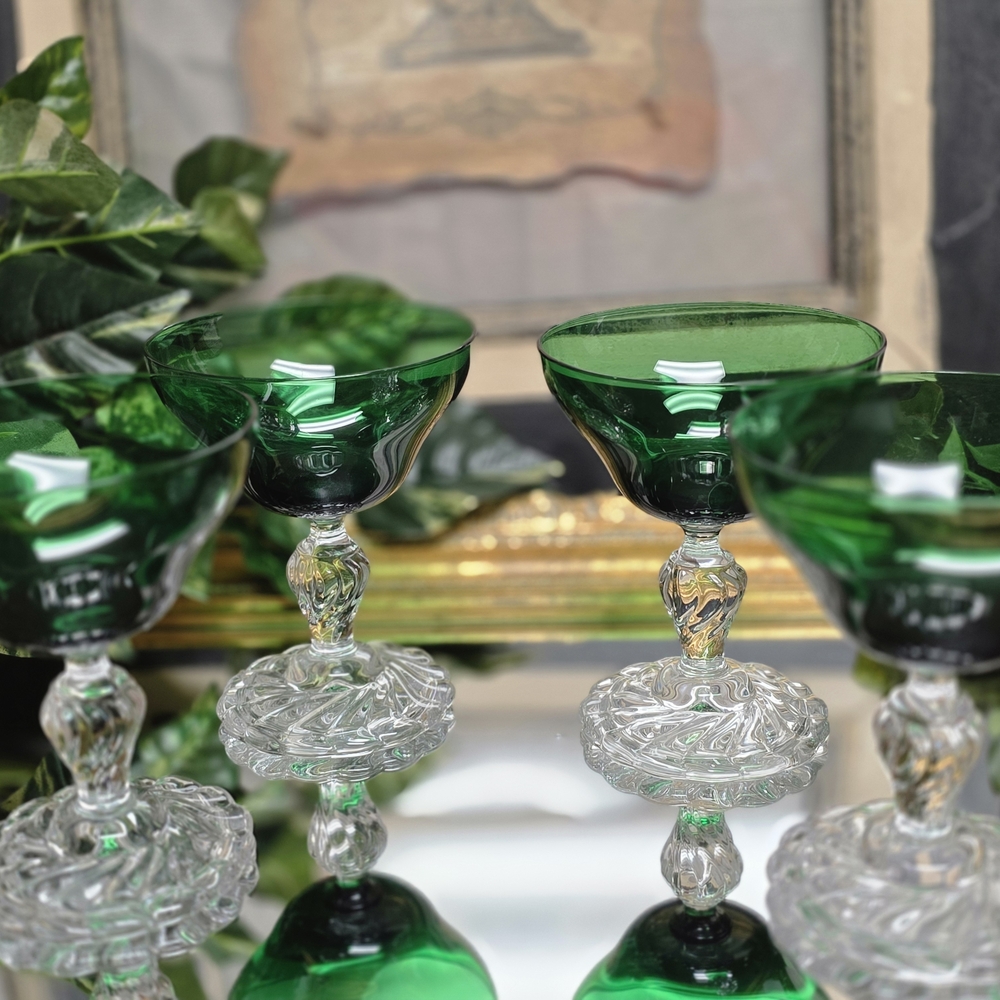 4 Fostoria Colonial Dame 4 5/8" Green Glass w/ Crystal Stim Sherbet Glasses